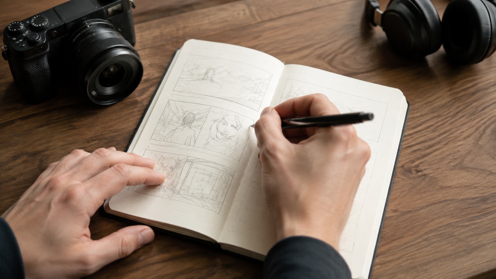 Synthetic B-roll of a creator sketching a storyboard beside a camera